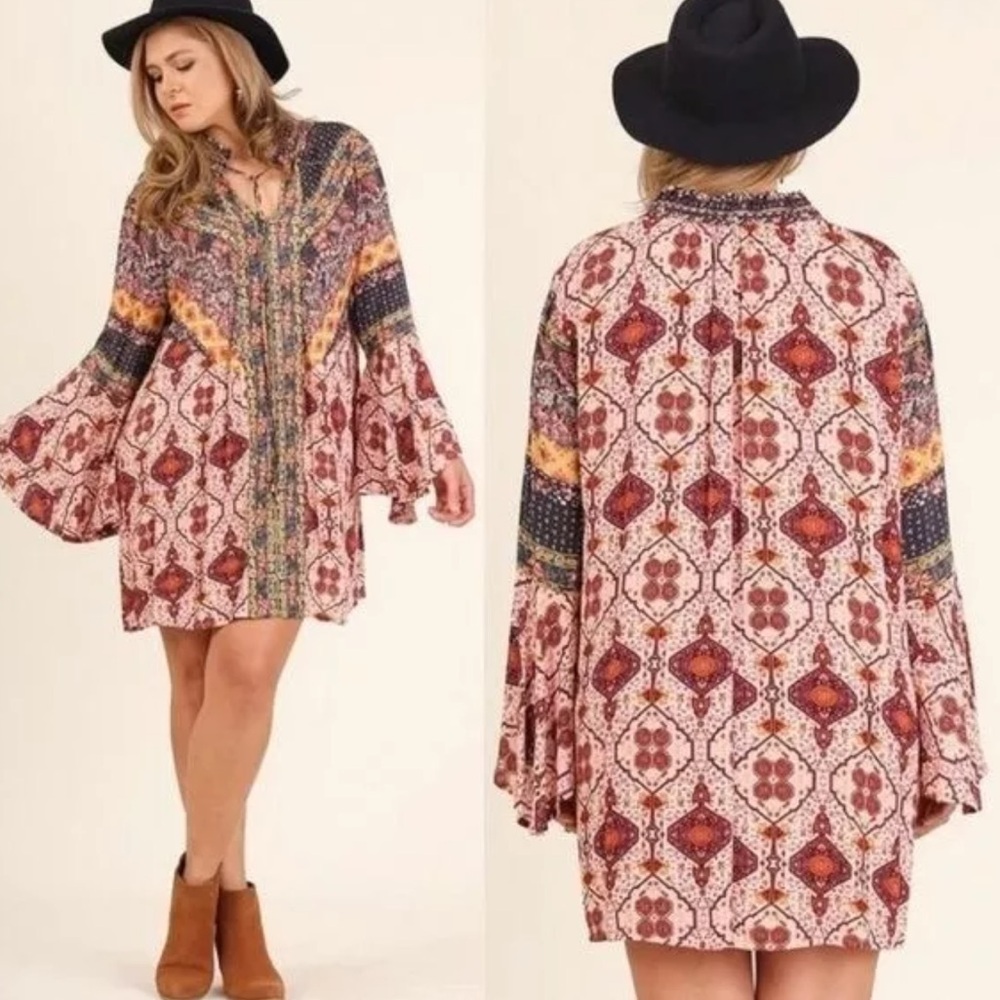 Umgee Boho Patchwork Print Shift Dress in Multi Pink, Sz Sm